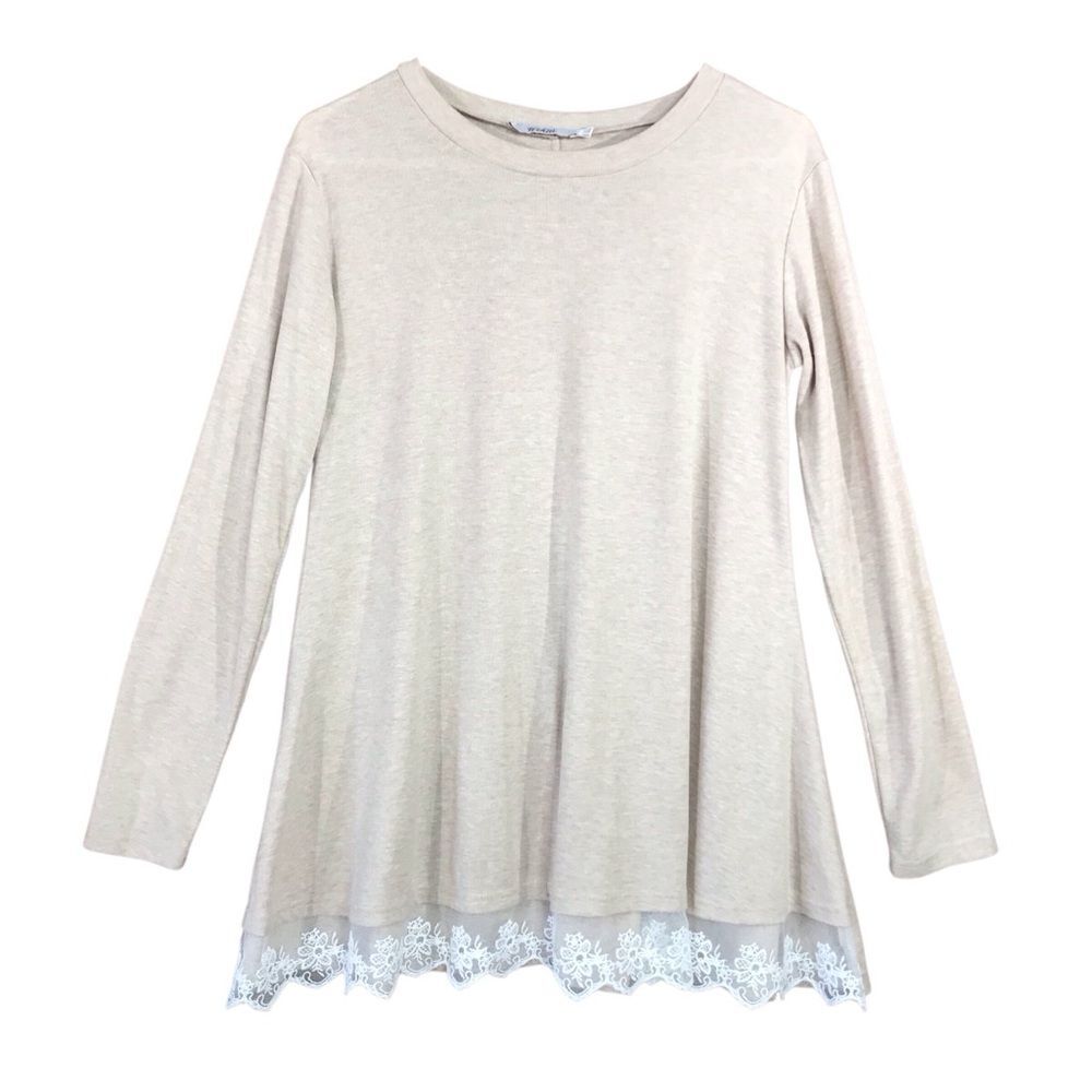Wekili Womens Long Beige with Lace Trim Pullover Top Size XS Comfortable
